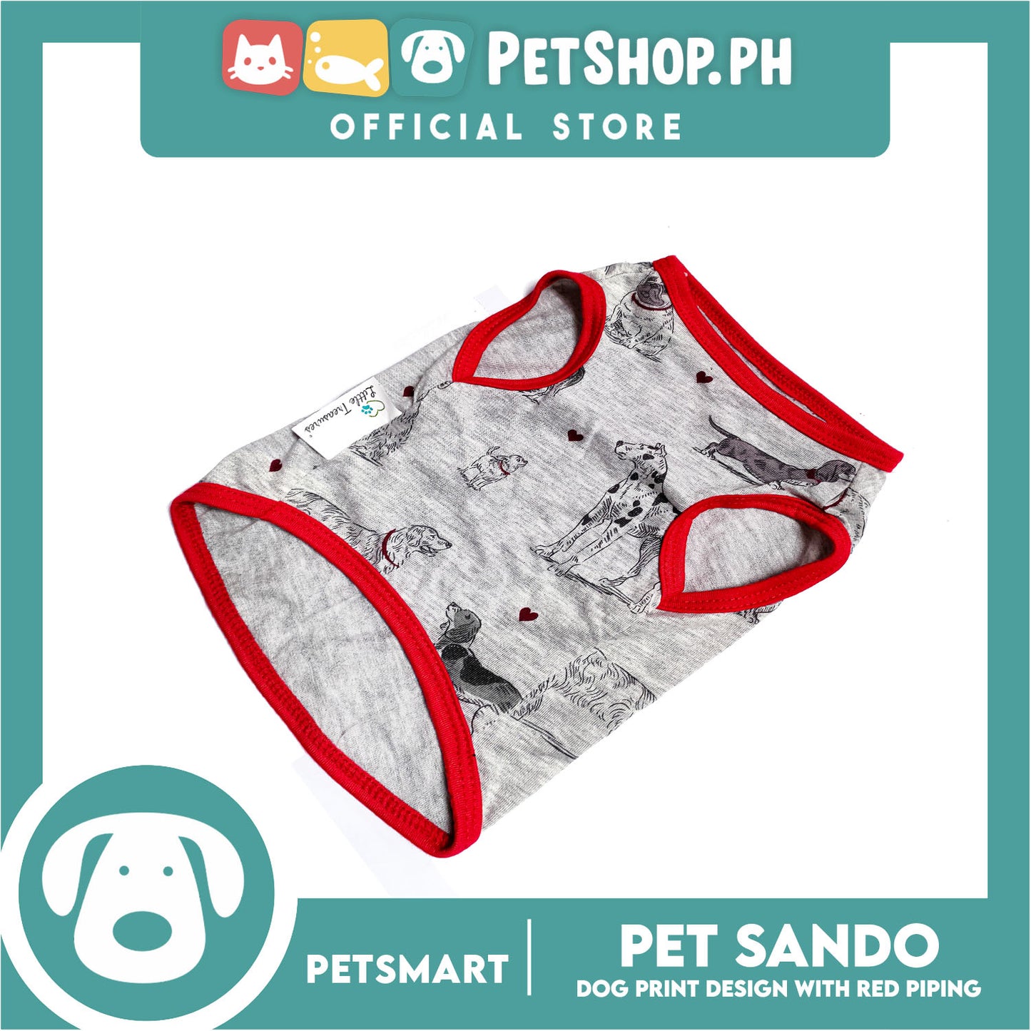 Pet Sando Dog Print Design With Red Piping, Gray Color DG-CTN107XL (XL) Perfect Fit For Dogs, Breathable Clothes, Soft Lightweight Pet Clothing