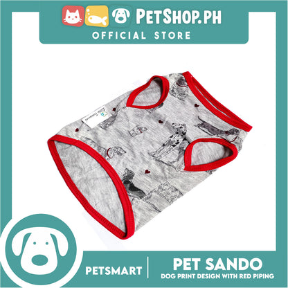 Pet Sando Dog Print Design With Red Piping, Gray Color DG-CTN107XL (XL) Perfect Fit For Dogs, Breathable Clothes, Soft Lightweight Pet Clothing