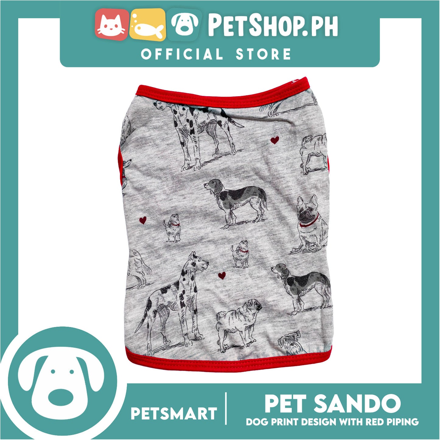 Pet Sando Dog Print Design With Red Piping, Gray Color DG-CTN107XL (XL) Perfect Fit For Dogs, Breathable Clothes, Soft Lightweight Pet Clothing