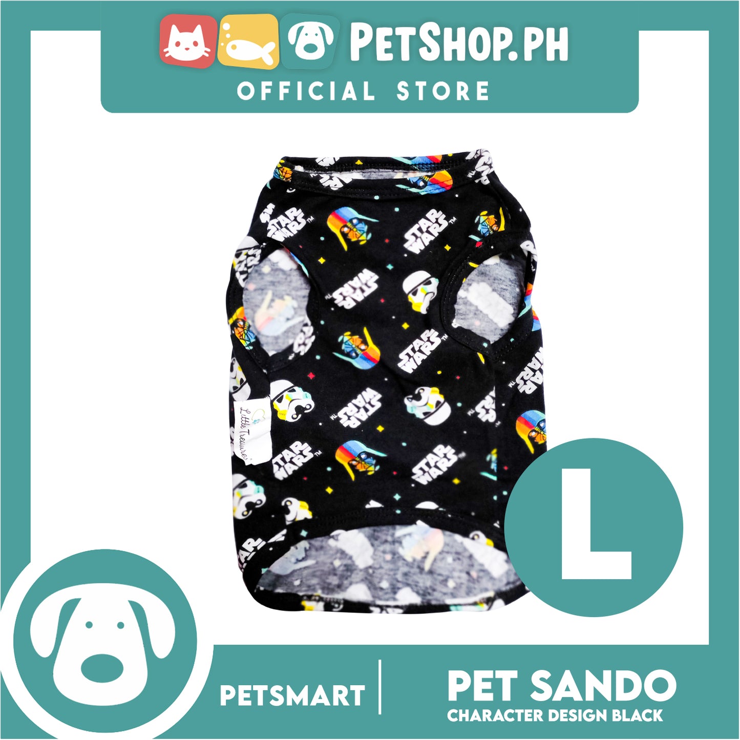 Pet Sando With Character Design, Black Color DG-CTN106L (Large) Perfect Fit For Dogs And Cats, Breathable Clothes, Soft Lightweight Cool Pet Clothing