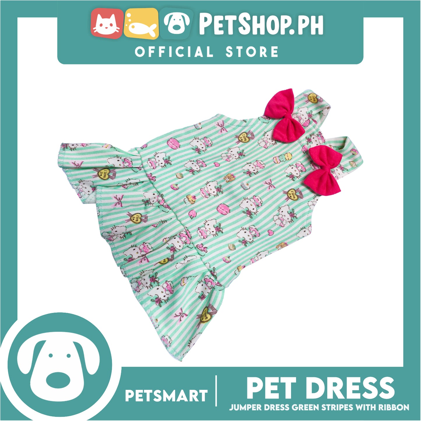 Pet Dress With Character Design, Green Stripes With Pink Ribbon (Medium) Perfect Fit For Dogs And Cats, Breathable Dress, Soft Lightweight Pet Clothing