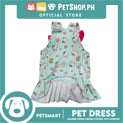 Pet Dress With Character Design, Green Stripes With Pink Ribbon (Medium) Perfect Fit For Dogs And Cats, Breathable Dress, Soft Lightweight Pet Clothing