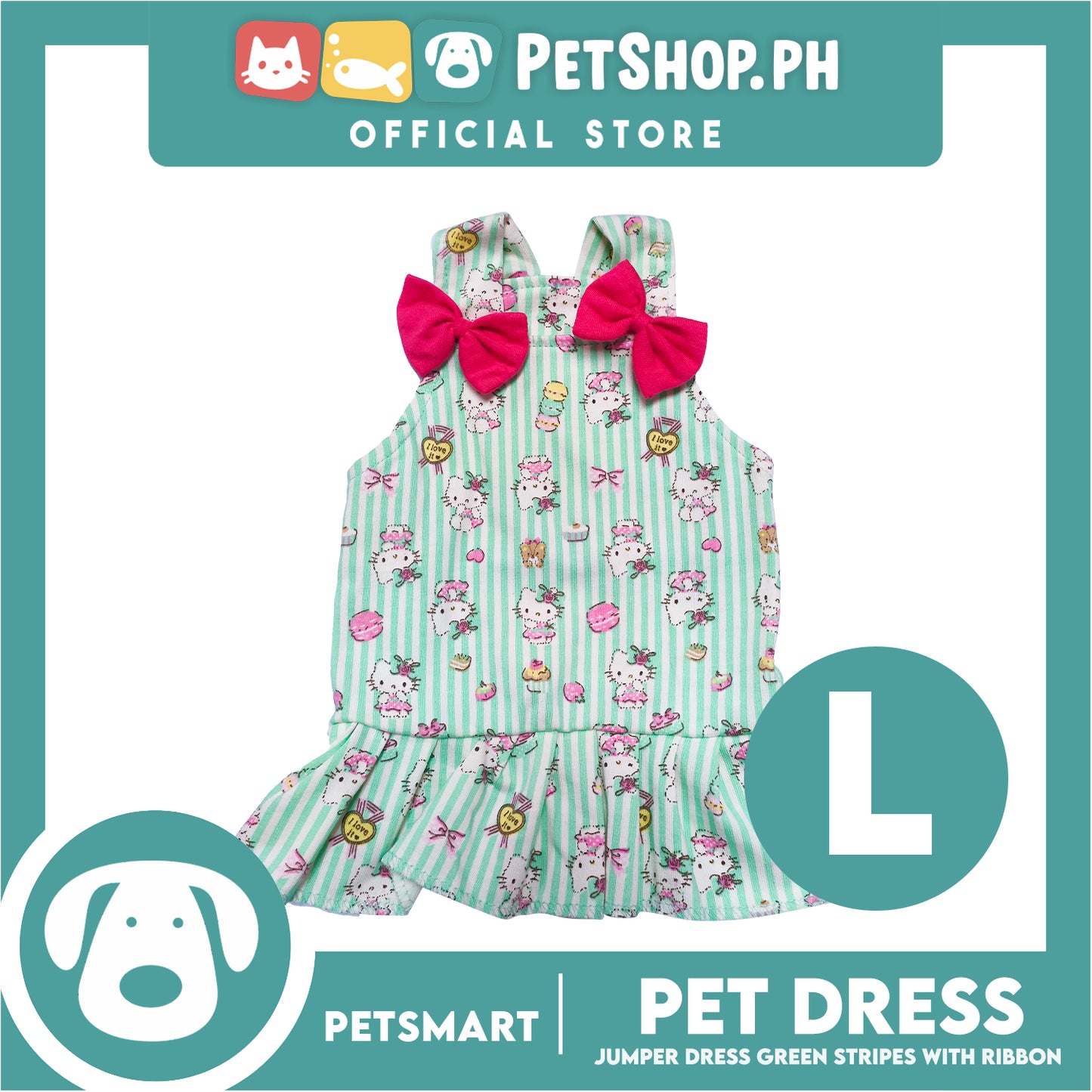 Pet Dress With Character Design, Green Stripes With Pink Ribbon (Large) Perfect Fit For Dogs And Cats, Breathable Dress, Soft Lightweight Pet Clothing