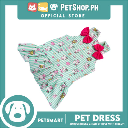 Pet Dress With Character Design, Green Stripes With Pink Ribbon (Large) Perfect Fit For Dogs And Cats, Breathable Dress, Soft Lightweight Pet Clothing