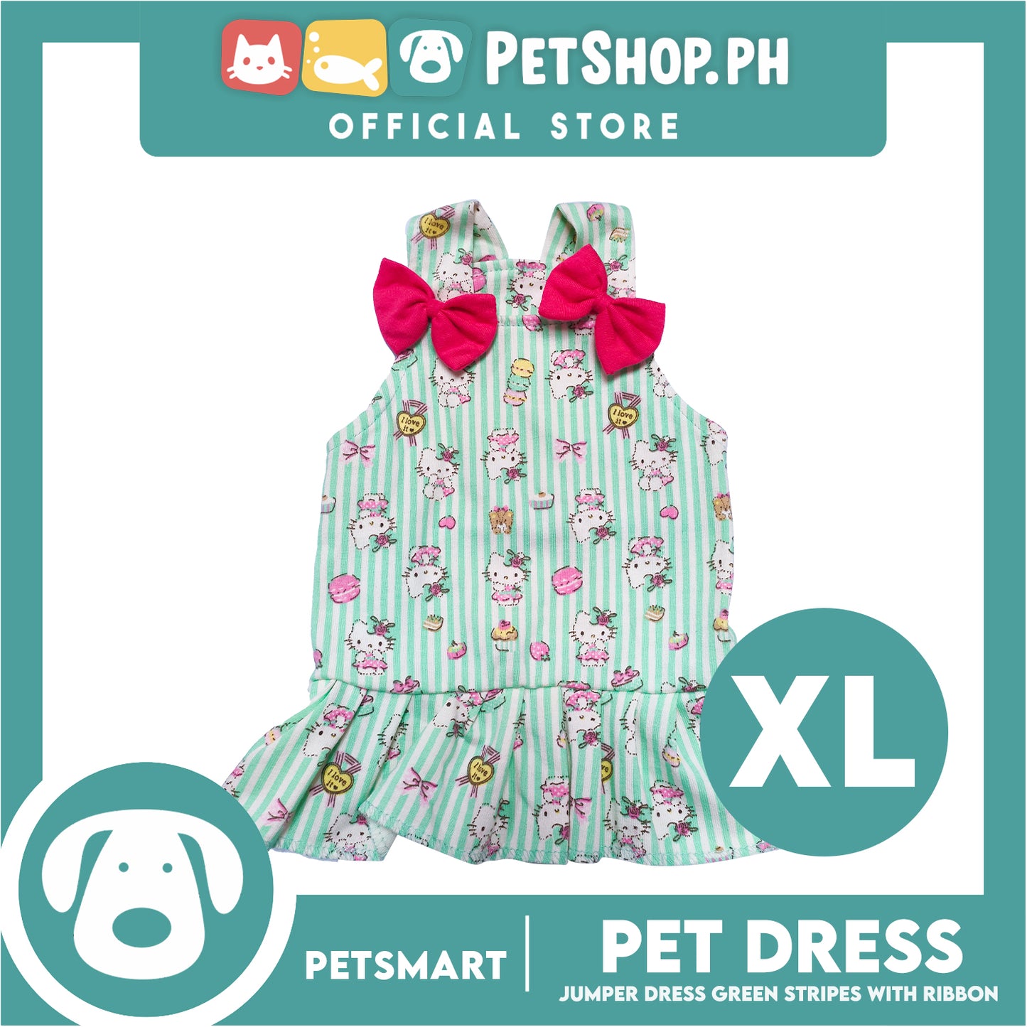 Pet Dress With Character Design, Green Stripes With Pink Ribbon (XL)
