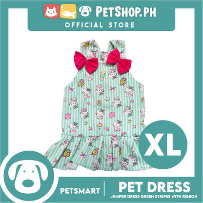 Pet Dress With Character Design, Green Stripes With Pink Ribbon (XL)