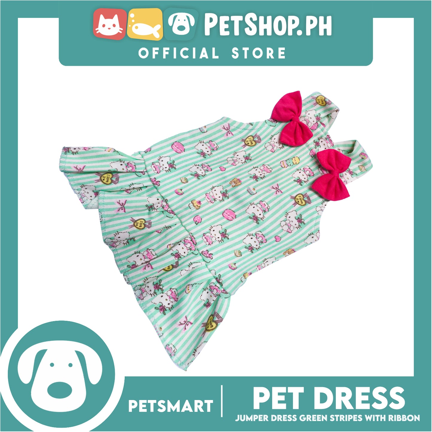 Pet Dress With Character Design, Green Stripes With Pink Ribbon (XL)