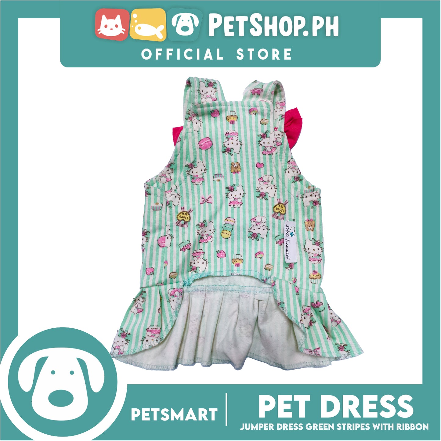 Pet Dress With Character Design, Green Stripes With Pink Ribbon (XL)