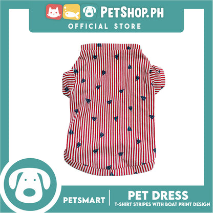 Pet T-Shirt Stripes With Boat Print Design, Red Color DG-CTN108M (Medium) Perfect Fit For Dogs And Cats, Breathable Clothes, Soft Lightweight Pet Clothing
