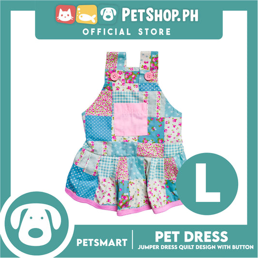 Pet Jumper Dress Quilt Design With Buttons, Blue With Pink Colors DG-CTN110L (Large) Perfect Fit For Dogs And Cats, Breathable Clothes, Soft Lightweight Pet Clothing