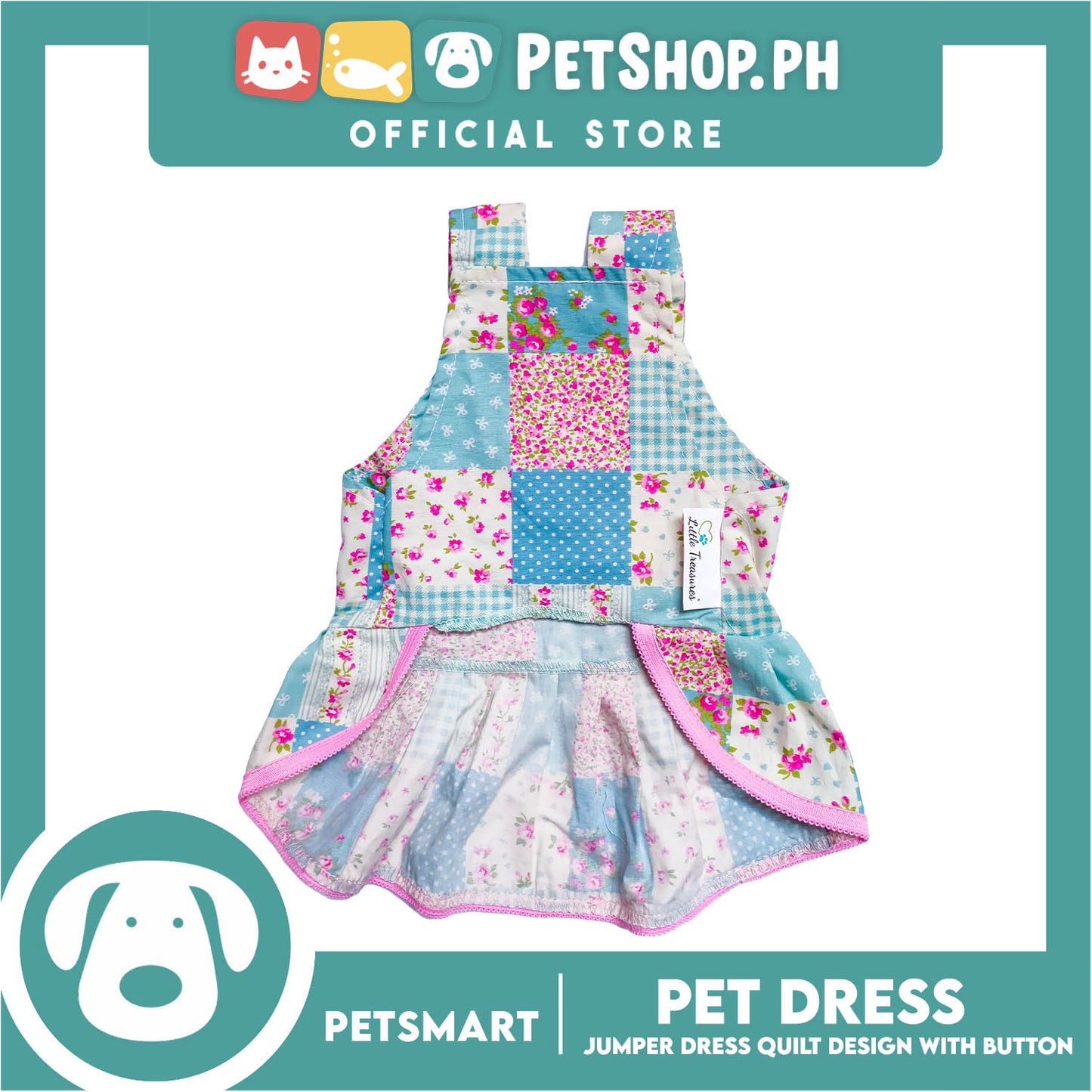 Pet Jumper Dress Quilt Design With Buttons, Blue With Pink Colors DG-CTN110XL (XL) Perfect Fit For Dogs And Cats, Breathable Clothes, Soft Lightweight Pet Clothing