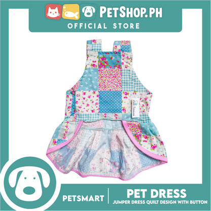 Pet Jumper Dress Quilt Design With Buttons, Blue With Pink Colors DG-CTN110XL (XL) Perfect Fit For Dogs And Cats, Breathable Clothes, Soft Lightweight Pet Clothing