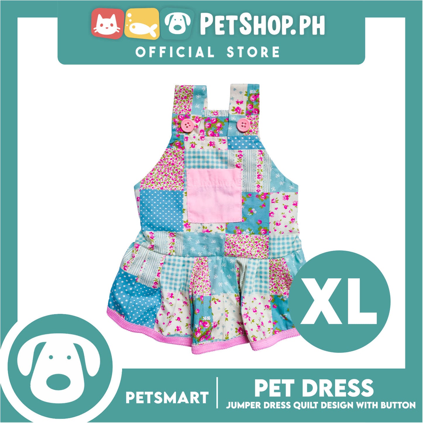 Pet Jumper Dress Quilt Design With Buttons, Blue With Pink Colors DG-CTN110XL (XL) Perfect Fit For Dogs And Cats, Breathable Clothes, Soft Lightweight Pet Clothing