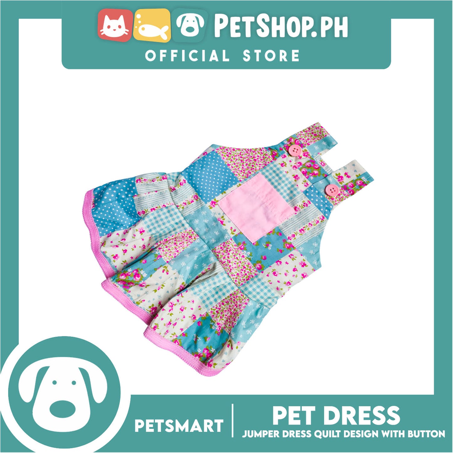 Pet Jumper Dress Quilt Design With Buttons, Blue With Pink Colors DG-CTN110XL (XL) Perfect Fit For Dogs And Cats, Breathable Clothes, Soft Lightweight Pet Clothing