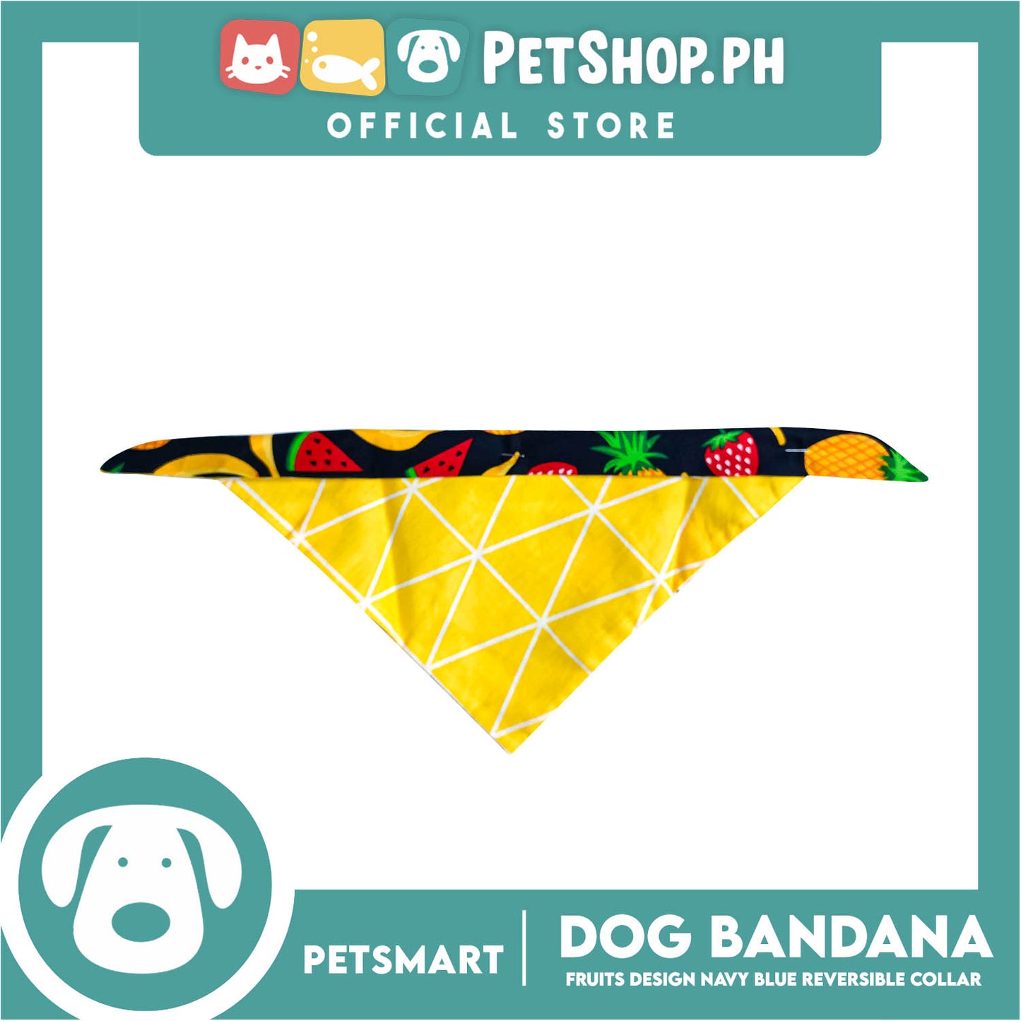 Pet Bandana Collar Scarf Reversible, Fruits Design Navy Blue With Yellow Lines Colors DB-CTN21S (Small) Perfect Fit For Dogs And Cats, Breathable, Soft Lightweight Pet Bandana