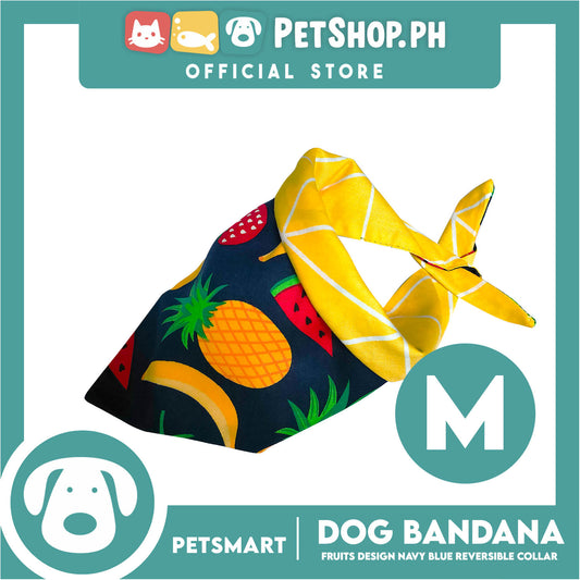 Pet Bandana Collar Scarf Reversible, Fruits Design Navy Blue With Yellow Lines Colors DB-CTN21M (Medium) Perfect Fit For Dogs And Cats, Breathable, Soft Lightweight Pet Bandana