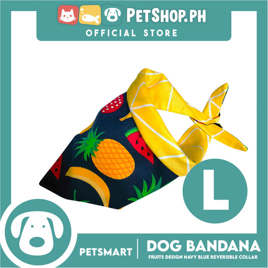 Pet Bandana Collar Scarf Reversible, Fruits Design Navy Blue With Yellow Lines Colors DB-CTN21L (Large) Perfect Fit For Dogs And Cats, Breathable, Soft Lightweight Pet Bandana