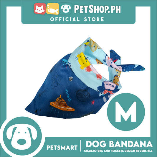 Pet Bandana Collar Scarf Reversible With Characters And Rockets Designs, Blue Color DB-CTN23M (Medium)