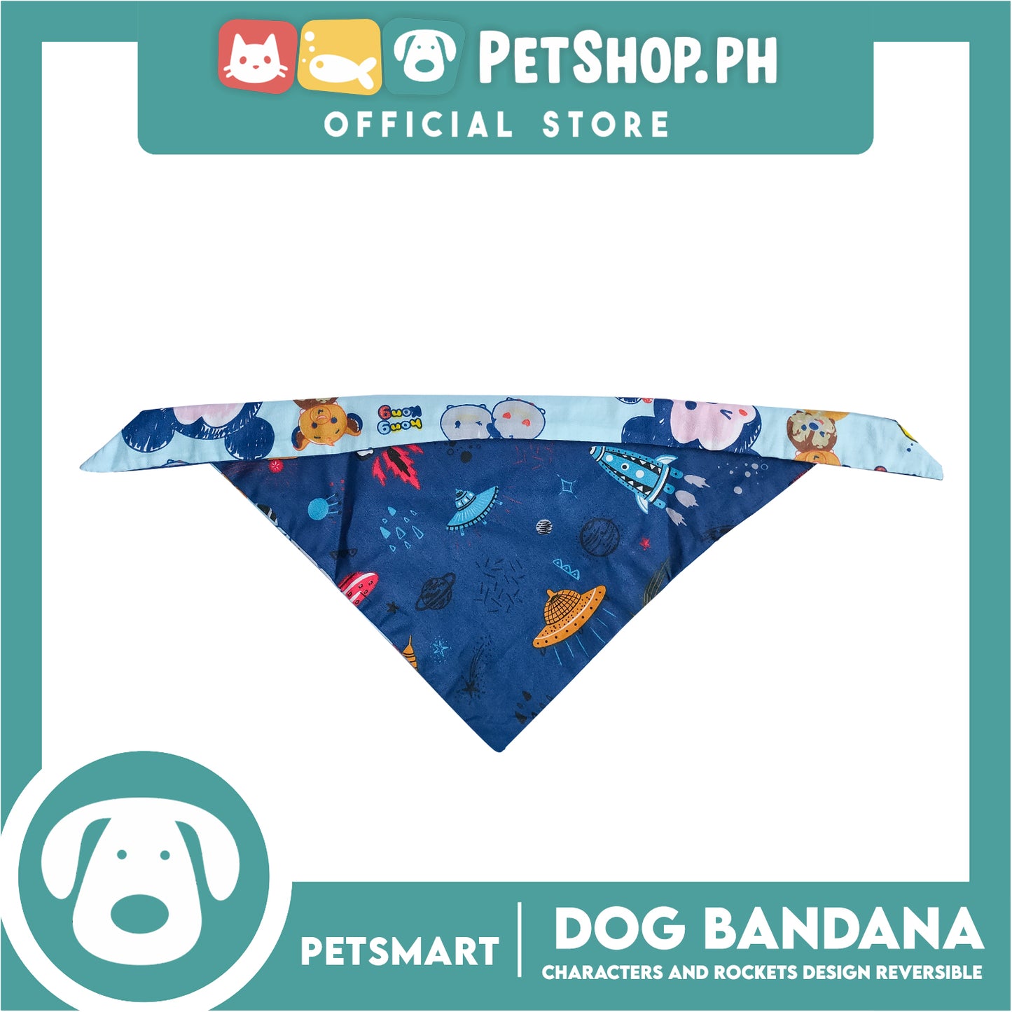 Pet Bandana Collar Scarf Reversible With Characters And Rockets Designs, Blue Color DB-CTN23M (Medium)