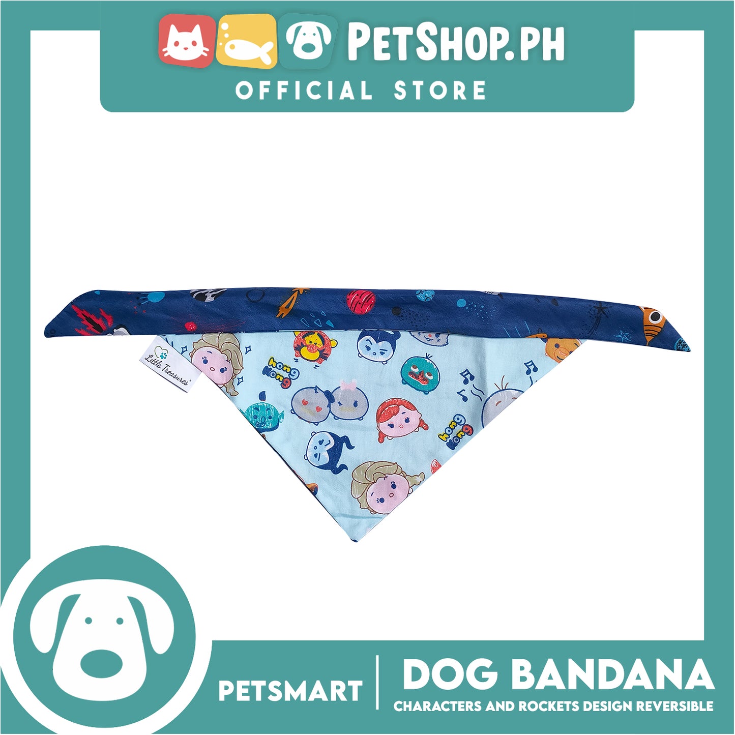 Pet Bandana Collar Scarf Reversible With Characters And Rockets Designs, Blue Color DB-CTN23M (Medium)