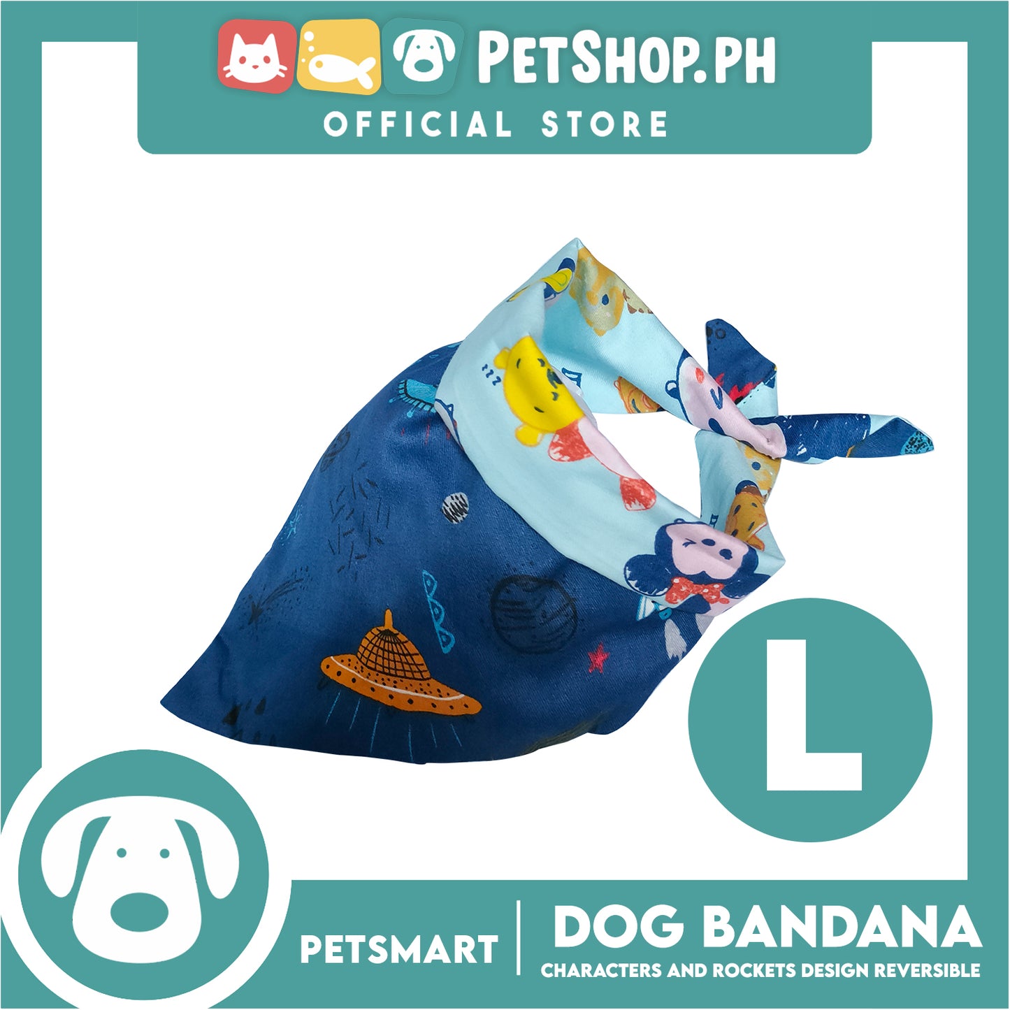 Pet Bandana Collar Scarf Reversible With Characters And Rockets Designs, Blue Color DB-CTN23L (Large) Perfect Fit For Dogs And Cats, Breathable, Soft Lightweight Pet Bandana
