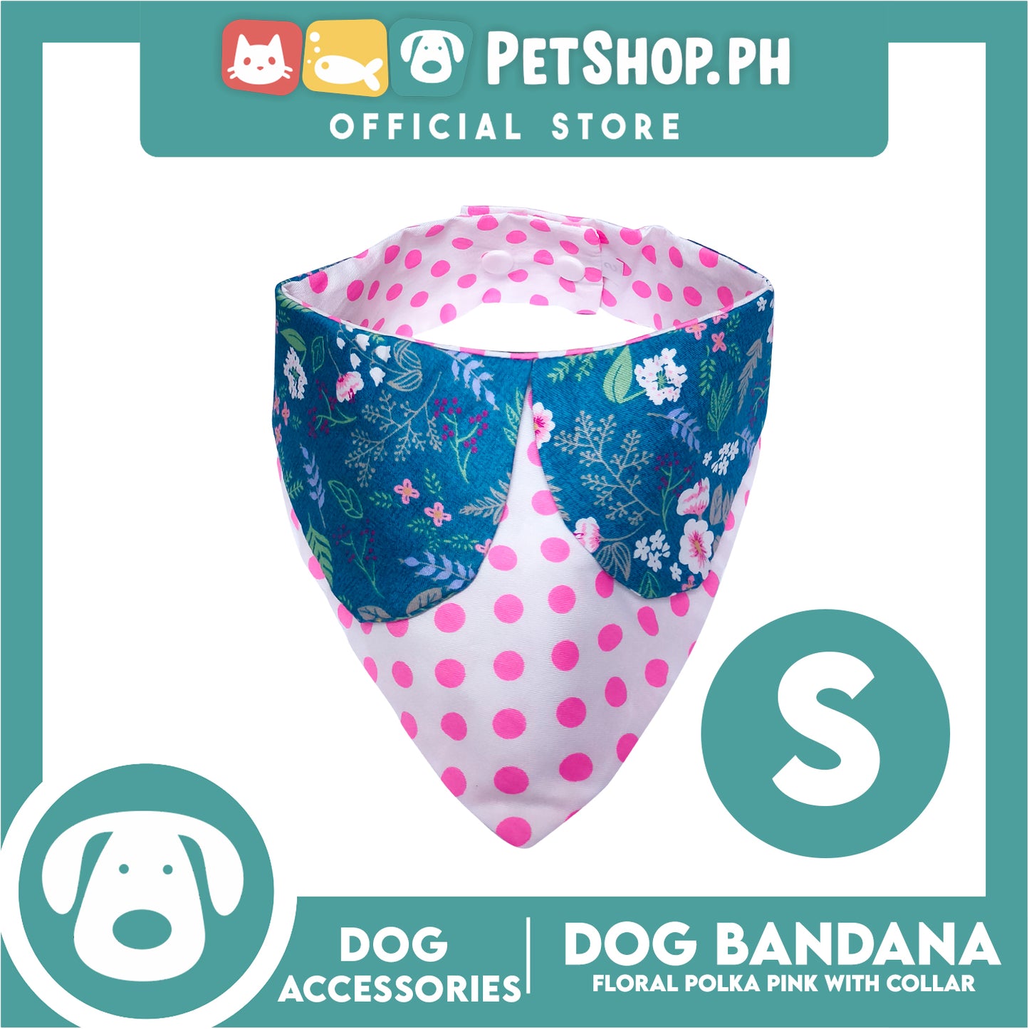 Pet Bandana Collar Scarf Reversible Pink Polka Dots With Blue Floral Designs DB-CTN26S (Small) Perfect Fit For Dogs And Cats, Breathable, Soft Lightweight Pet Bandana