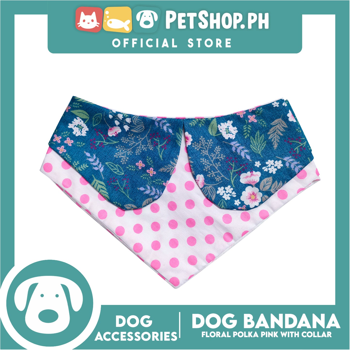 Pet Bandana Collar Scarf Reversible Pink Polka Dots With Blue Floral Designs DB-CTN26S (Small) Perfect Fit For Dogs And Cats, Breathable, Soft Lightweight Pet Bandana