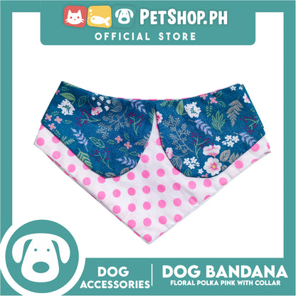 Pet Bandana Collar Scarf Reversible Pink Polka Dots With Blue Floral Designs DB-CTN26S (Small) Perfect Fit For Dogs And Cats, Breathable, Soft Lightweight Pet Bandana