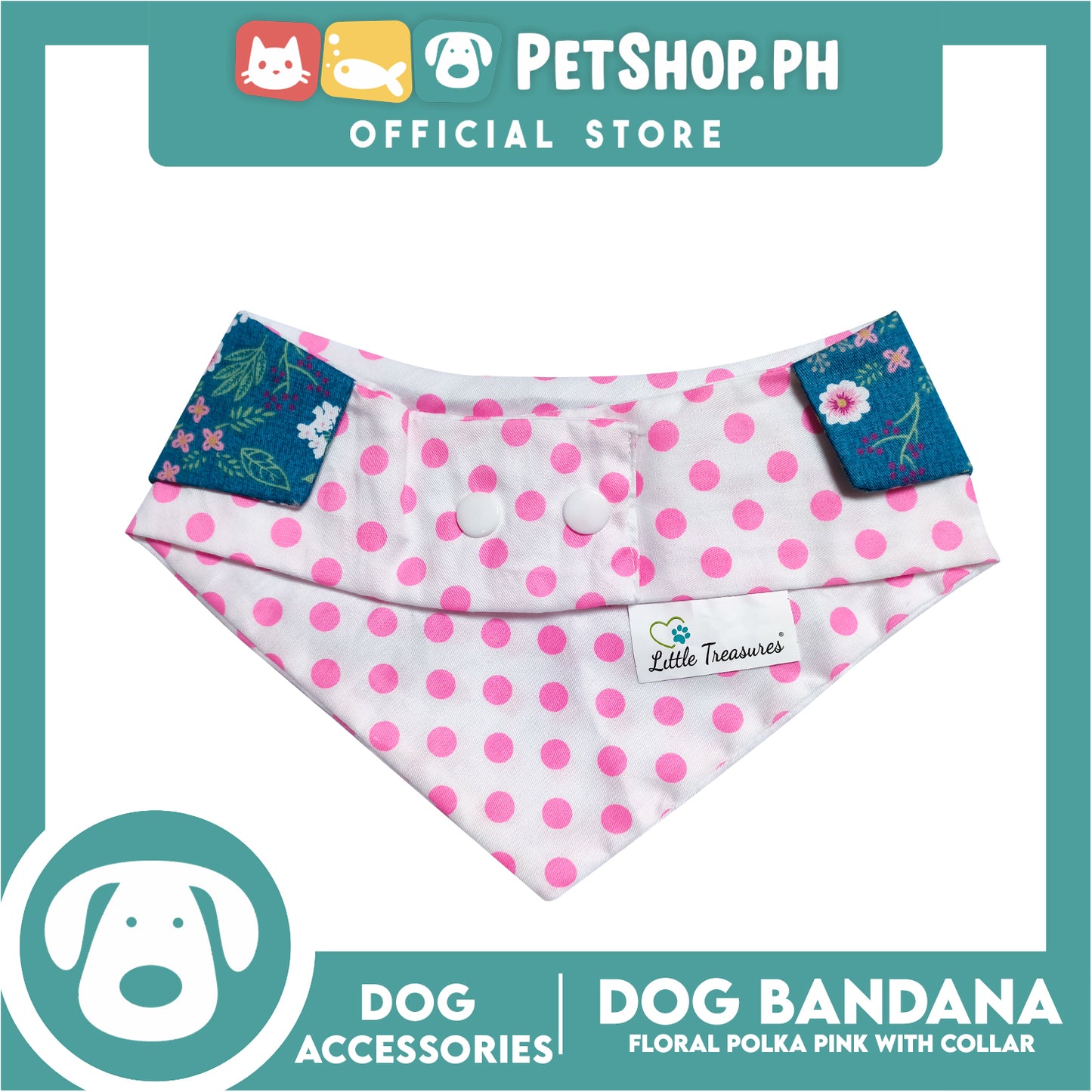 Pet Bandana Collar Scarf Reversible Pink Polka Dots With Blue Floral Designs DB-CTN26S (Small) Perfect Fit For Dogs And Cats, Breathable, Soft Lightweight Pet Bandana