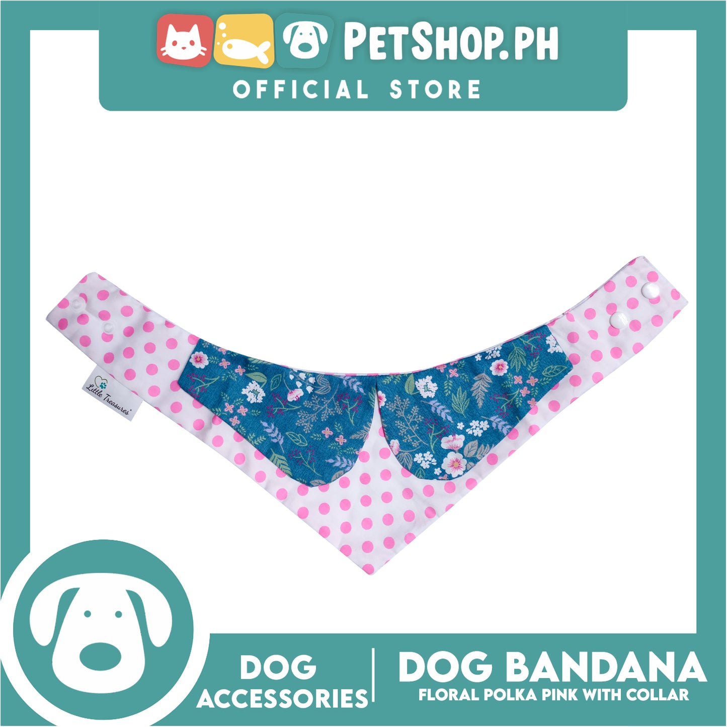 Pet Bandana Collar Scarf Reversible Pink Polka Dots With Blue Floral Designs DB-CTN26S (Small) Perfect Fit For Dogs And Cats, Breathable, Soft Lightweight Pet Bandana