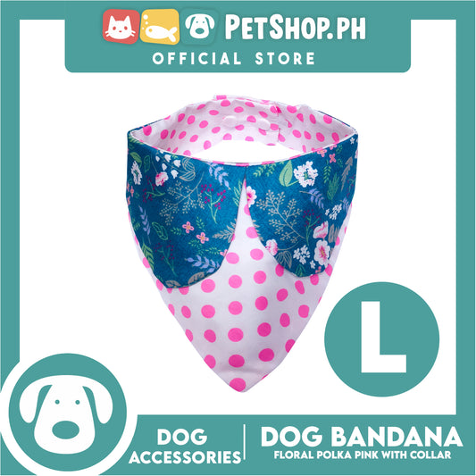 Pet Bandana Collar Scarf Reversible Pink Polka Dots With Blue Floral Designs DB-CTN26L (Large) Perfect Fit For Dogs And Cats, Breathable, Soft Lightweight Pet Bandana