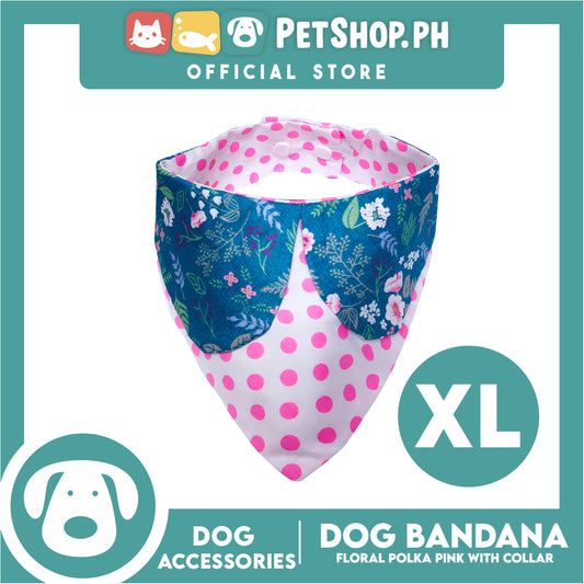 Pet Bandana Collar Scarf Reversible Pink Polka Dots With Blue Floral Designs DB-CTN26XL (XL) Perfect Fit For Dogs And Cats, Breathable, Soft Lightweight Pet Bandana