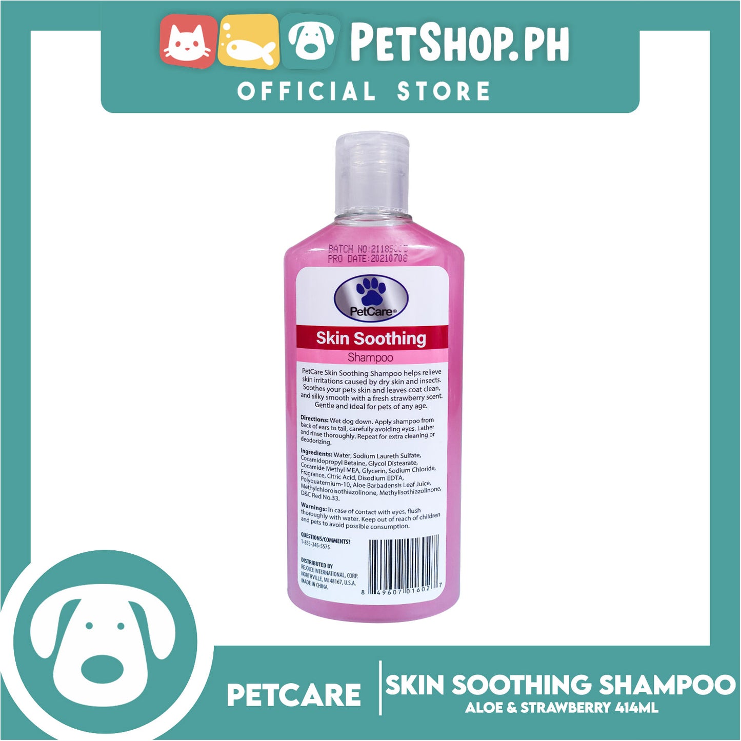 Pet Care Skin Soothing Shampoo 414ml (Aloe And Strawberry) For Soothes And Refreshes Pets Skin And Coat, Dog Shampoo