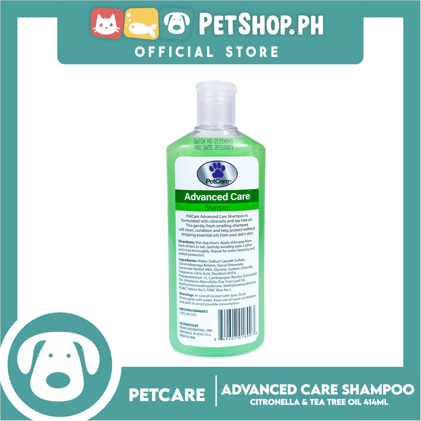 Pet Care Advanced Care Shampoo 414ml (Citronella And Tea Tree Oil) For Nourishes And Soothes Skin, Dog Shampoo