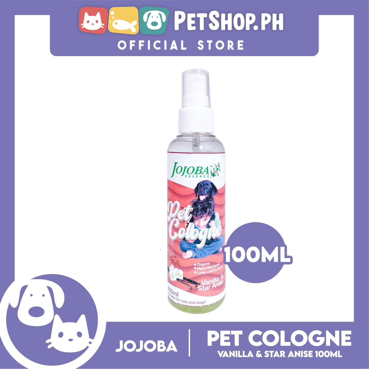 Jojoba Essence Pet Cologne Spray 100ml (Vanilla And Star Anise Scent) Organic, Hypo Allergenic, Long Lasting Scent, Pet Cologne For Cats And Dogs