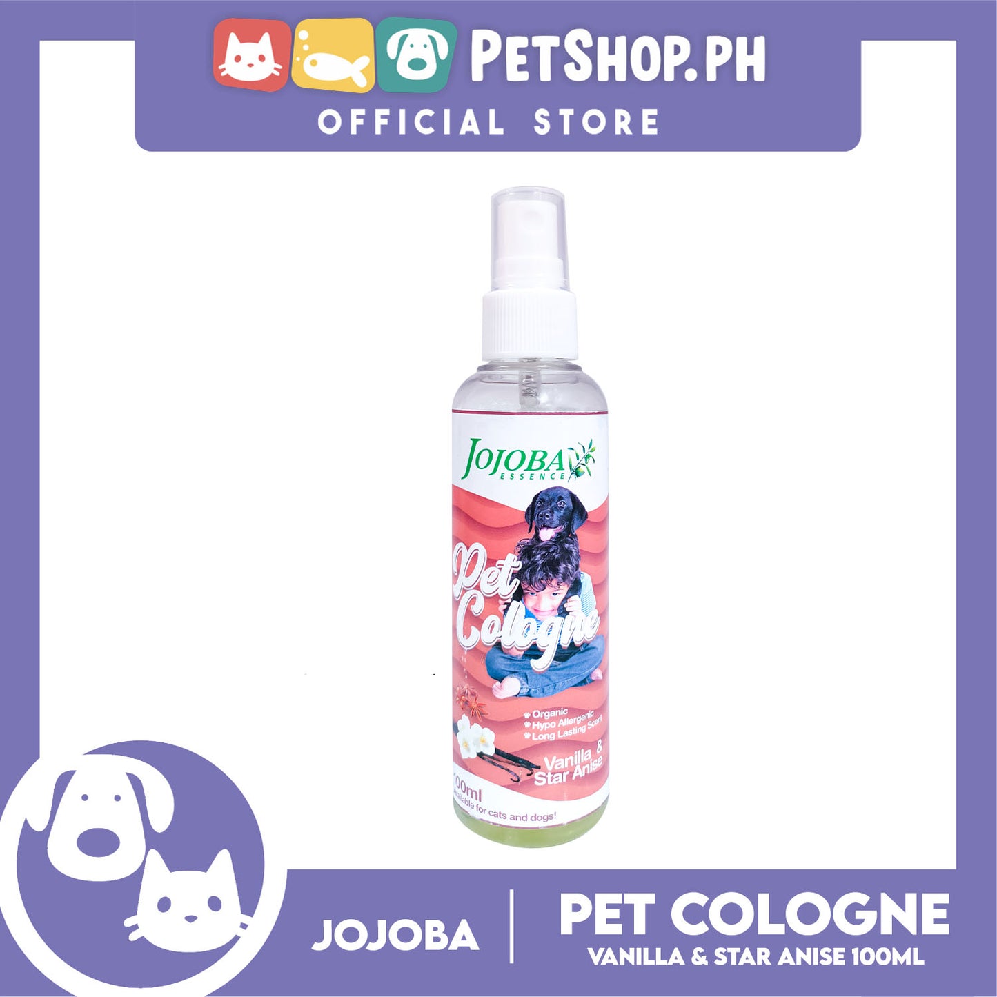 Jojoba Essence Pet Cologne Spray 100ml (Vanilla And Star Anise Scent) Organic, Hypo Allergenic, Long Lasting Scent, Pet Cologne For Cats And Dogs