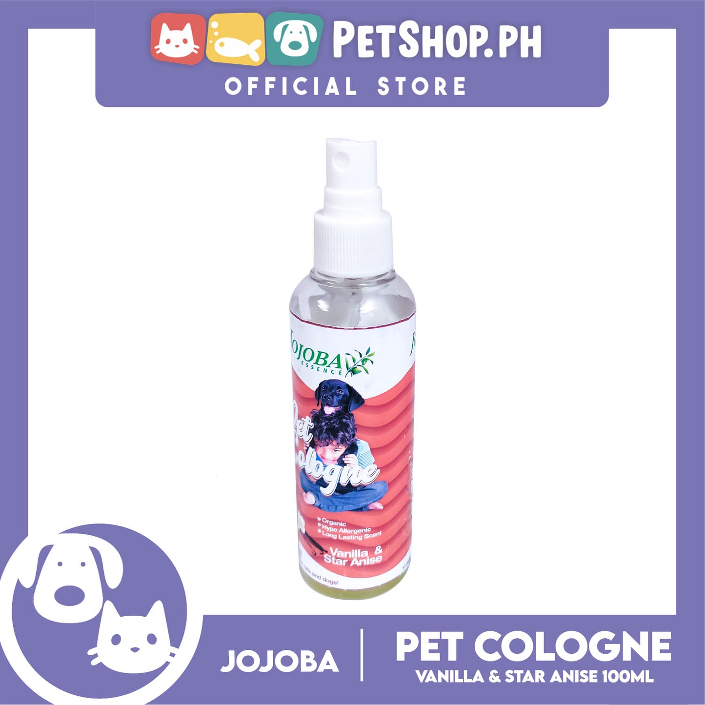 Jojoba Essence Pet Cologne Spray 100ml (Vanilla And Star Anise Scent) Organic, Hypo Allergenic, Long Lasting Scent, Pet Cologne For Cats And Dogs