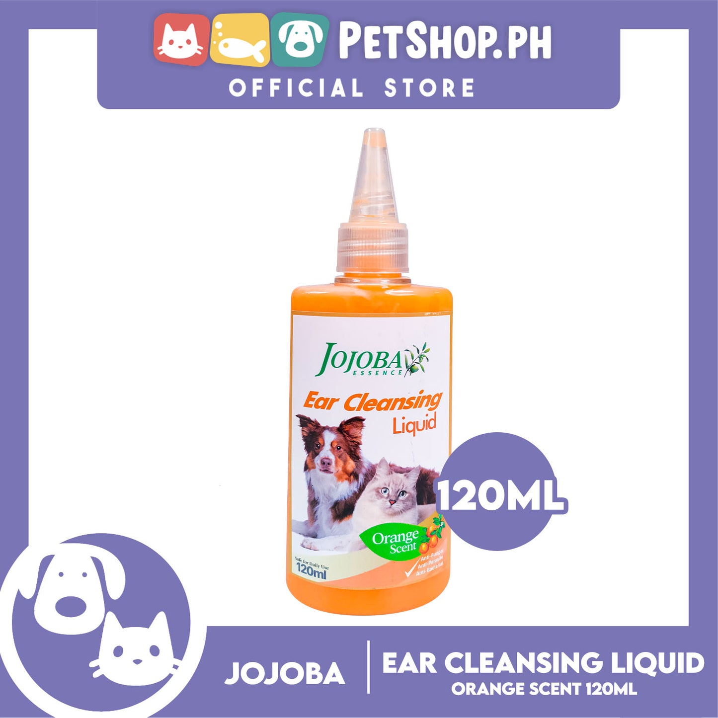 Jojoba Essence Ear Cleansing Liquid 120ml (Orange Scent) Anti-Fungal, Anti-Parasite, Anti-Bacterial For Dogs And Cats