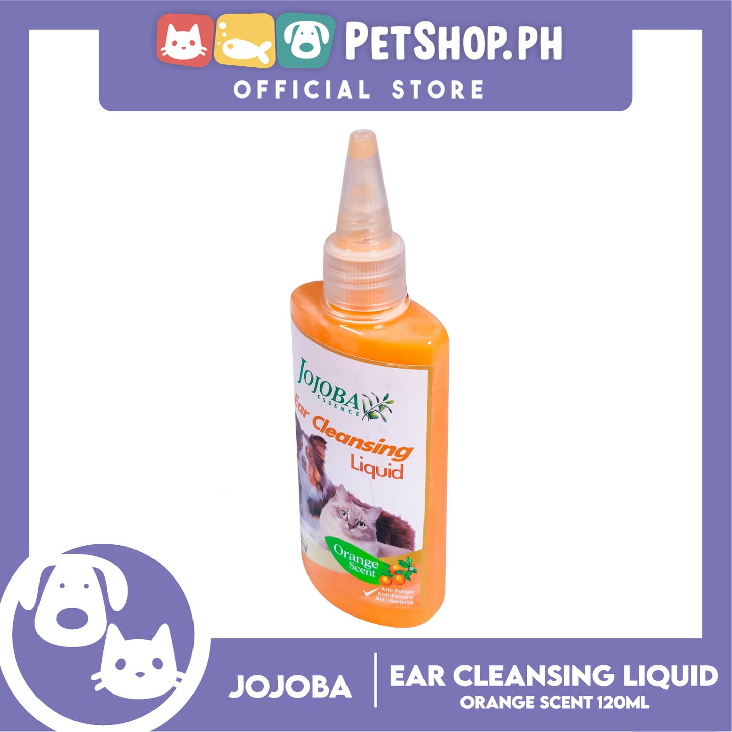 Jojoba Essence Ear Cleansing Liquid 120ml (Orange Scent) Anti-Fungal, Anti-Parasite, Anti-Bacterial For Dogs And Cats