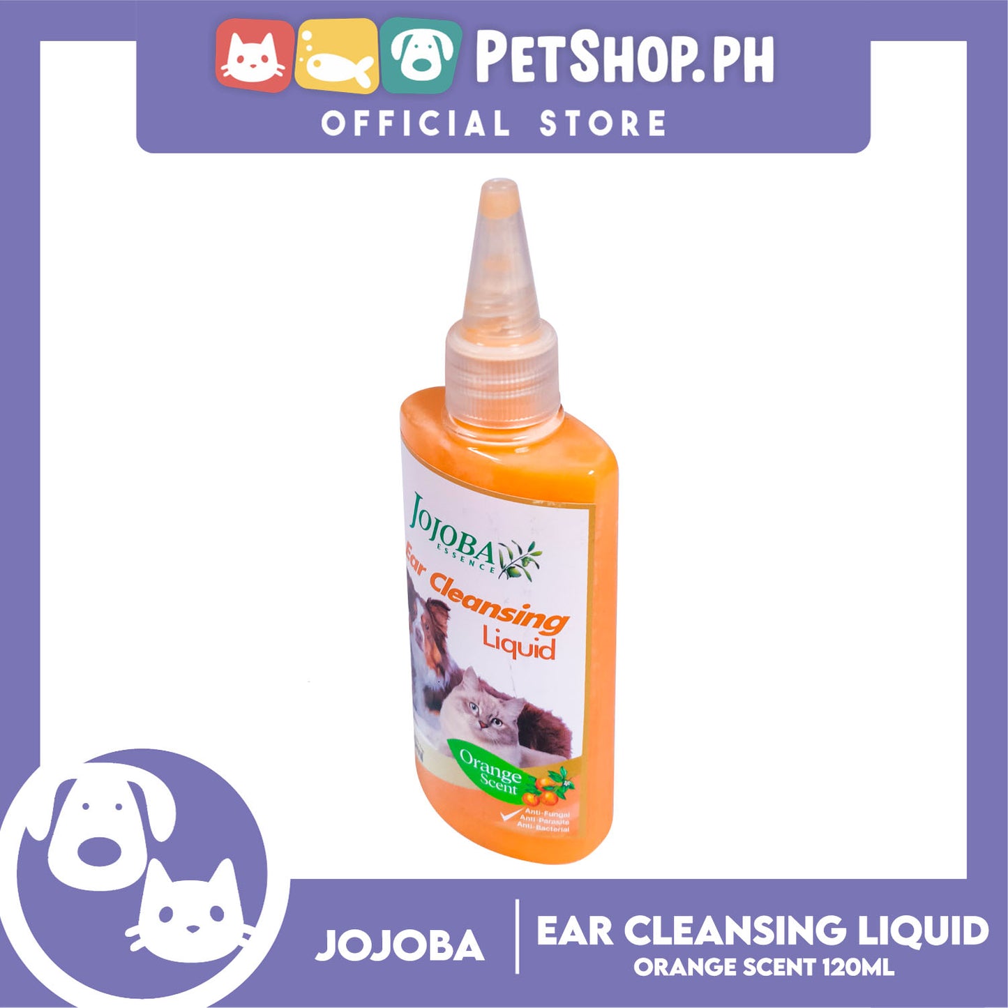 Jojoba Essence Ear Cleansing Liquid 120ml (Orange Scent) Anti-Fungal, Anti-Parasite, Anti-Bacterial For Dogs And Cats