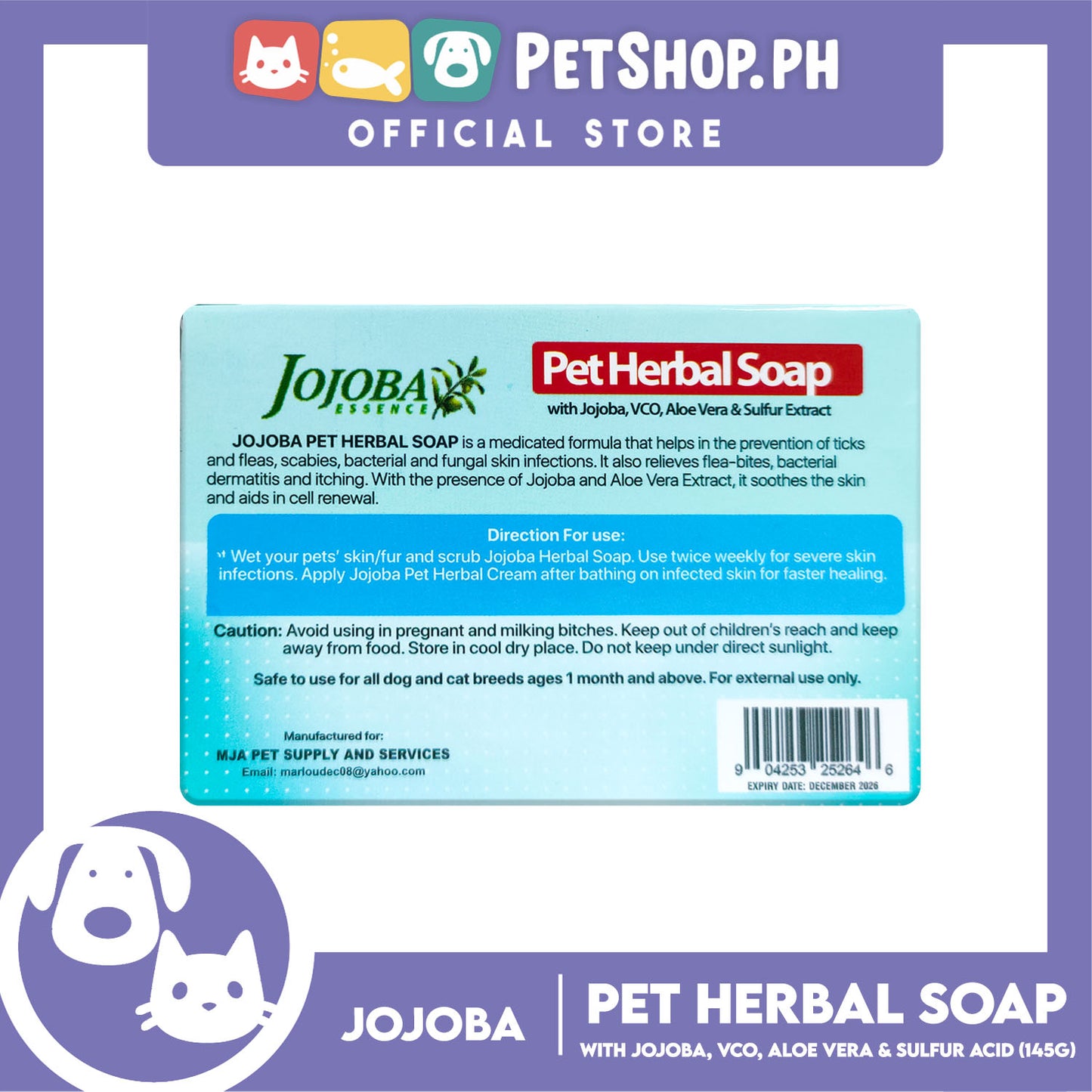 Jojoba Essence Pet Herbal Soap 145g For All Dogs And Cats