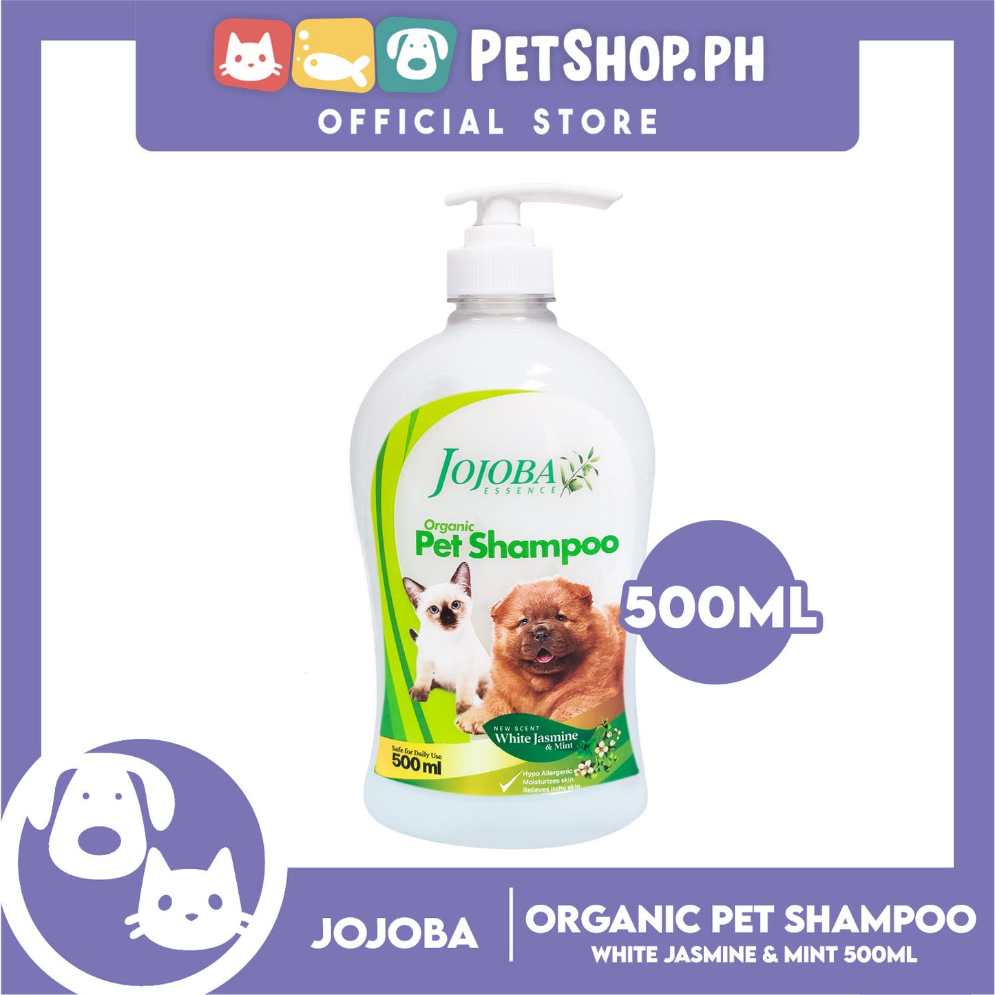 Jojoba Essence Organic Pet Shampoo 500ml (White Jasmine And Mint) Safe For Daily Use For Your Cats And Dogs