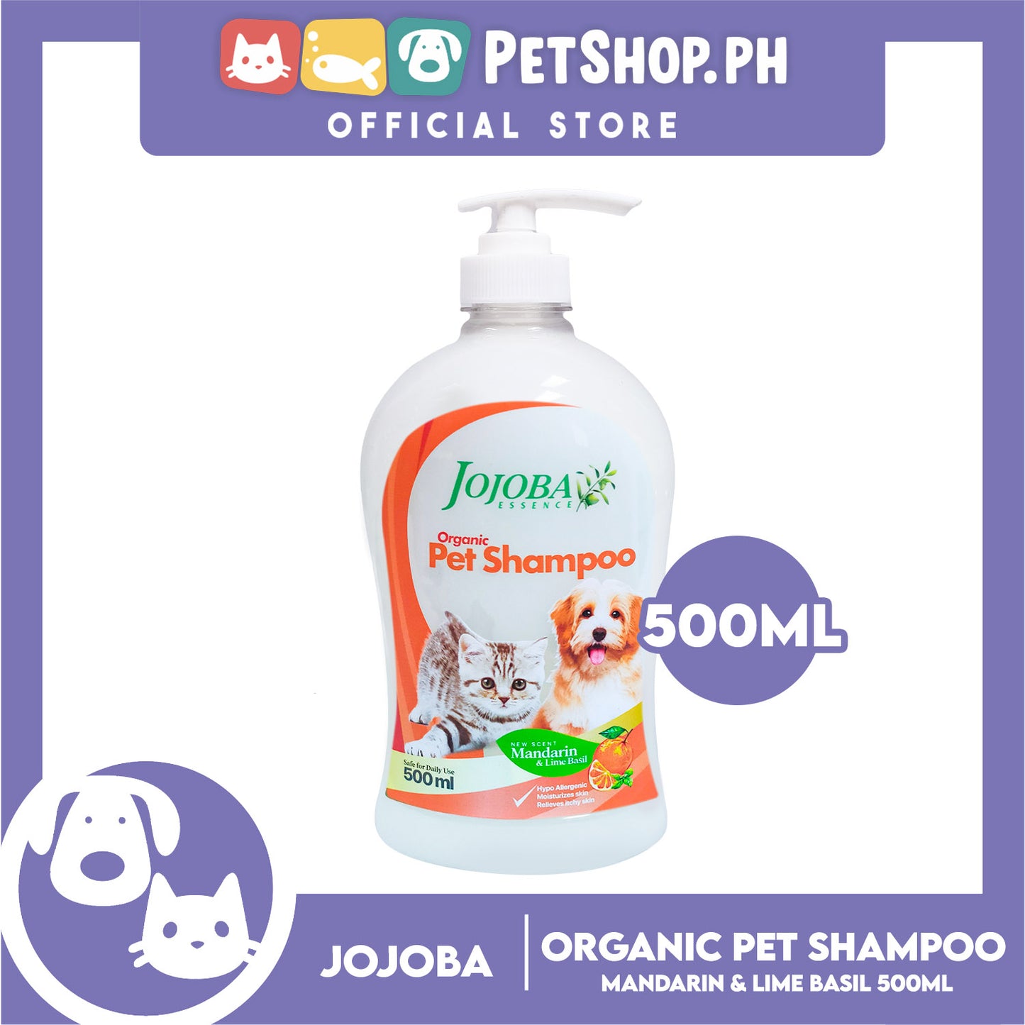 Jojoba Essence Organic Pet Shampoo 500ml (Mandarin And Lime Basil) Safe For Daily Use For Your Cats And Dogs