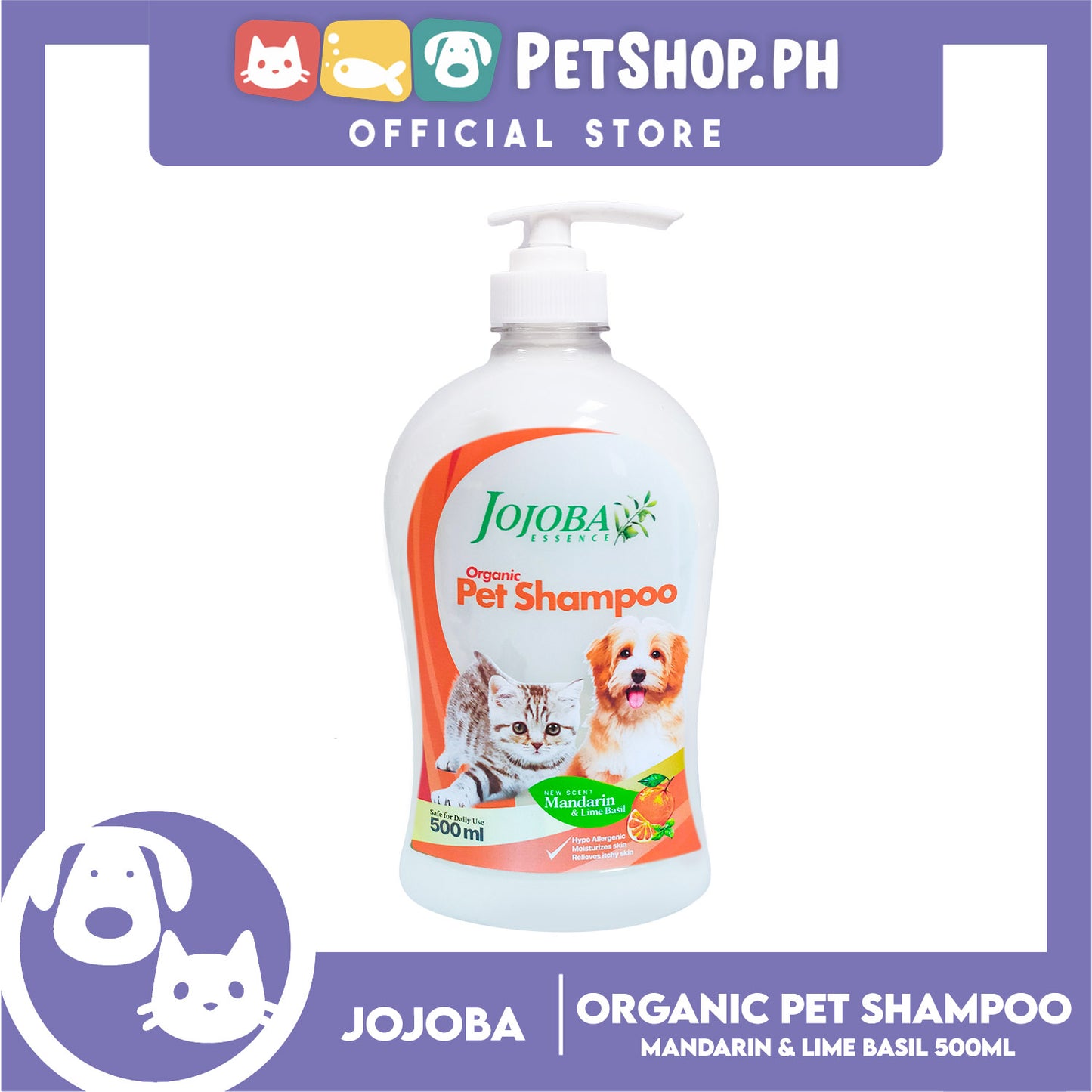 Jojoba Essence Organic Pet Shampoo 500ml (Mandarin And Lime Basil) Safe For Daily Use For Your Cats And Dogs