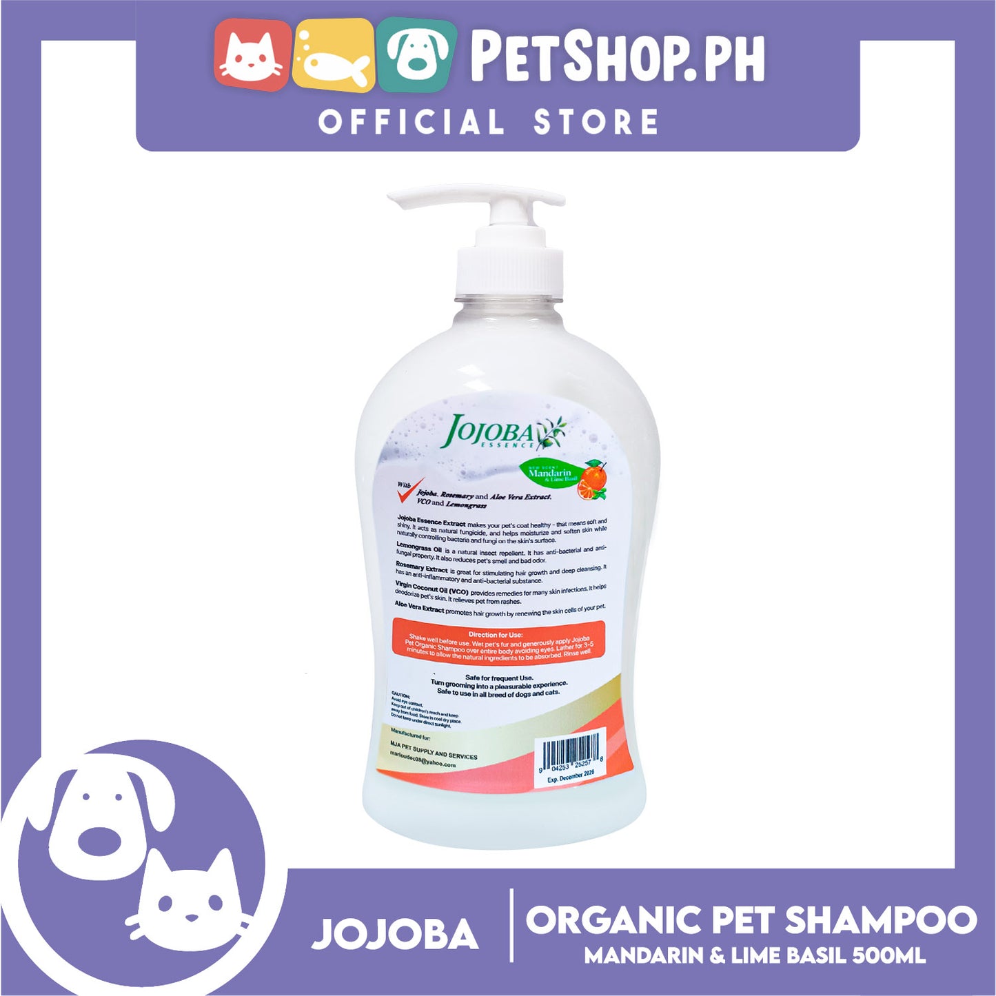 Jojoba Essence Organic Pet Shampoo 500ml (Mandarin And Lime Basil) Safe For Daily Use For Your Cats And Dogs