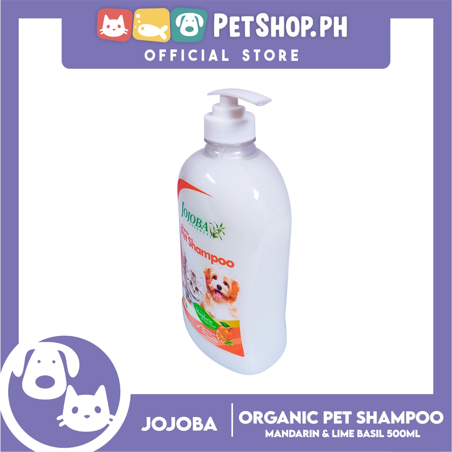Jojoba Essence Organic Pet Shampoo 500ml (Mandarin And Lime Basil) Safe For Daily Use For Your Cats And Dogs