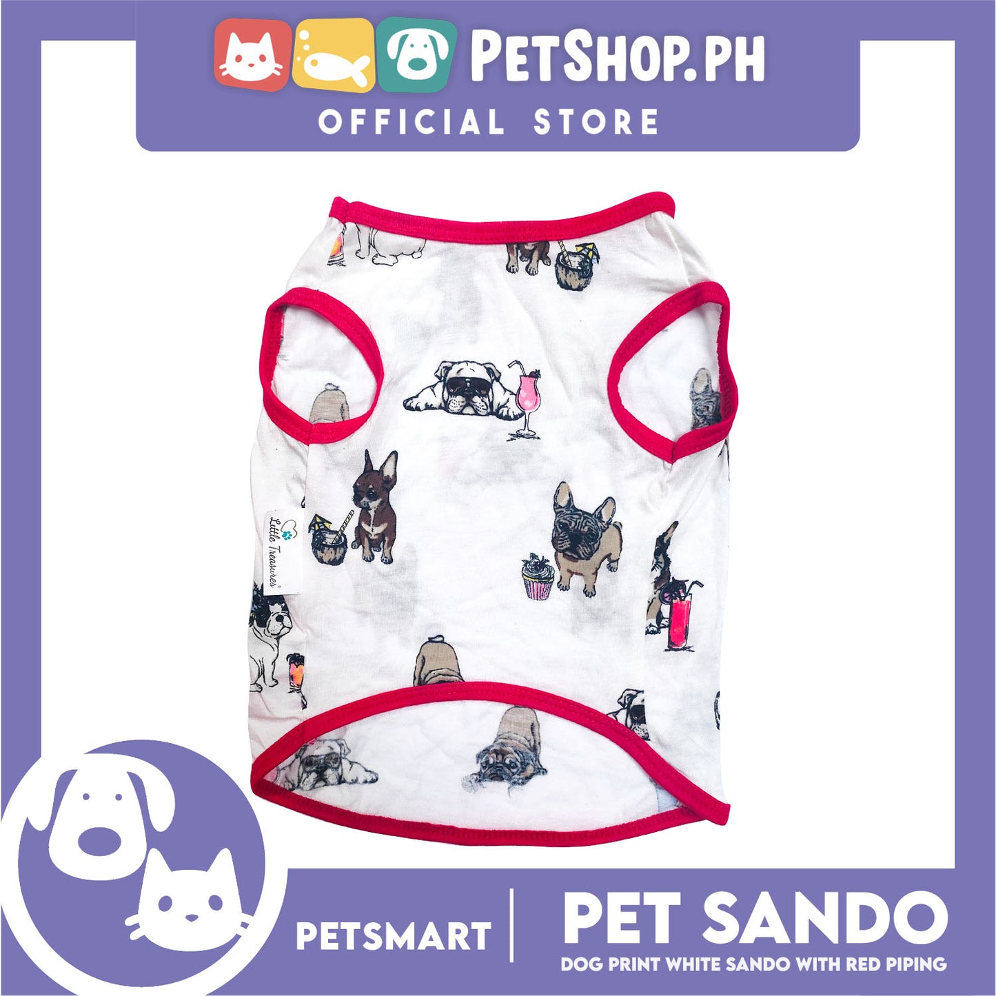 Dog Sando With Dog Print Design, White Red Color DG-CTN112S (Small) Perfect Fit For Dogs, Breathable Sando Clothes, Soft Lightweight Pet Clothing