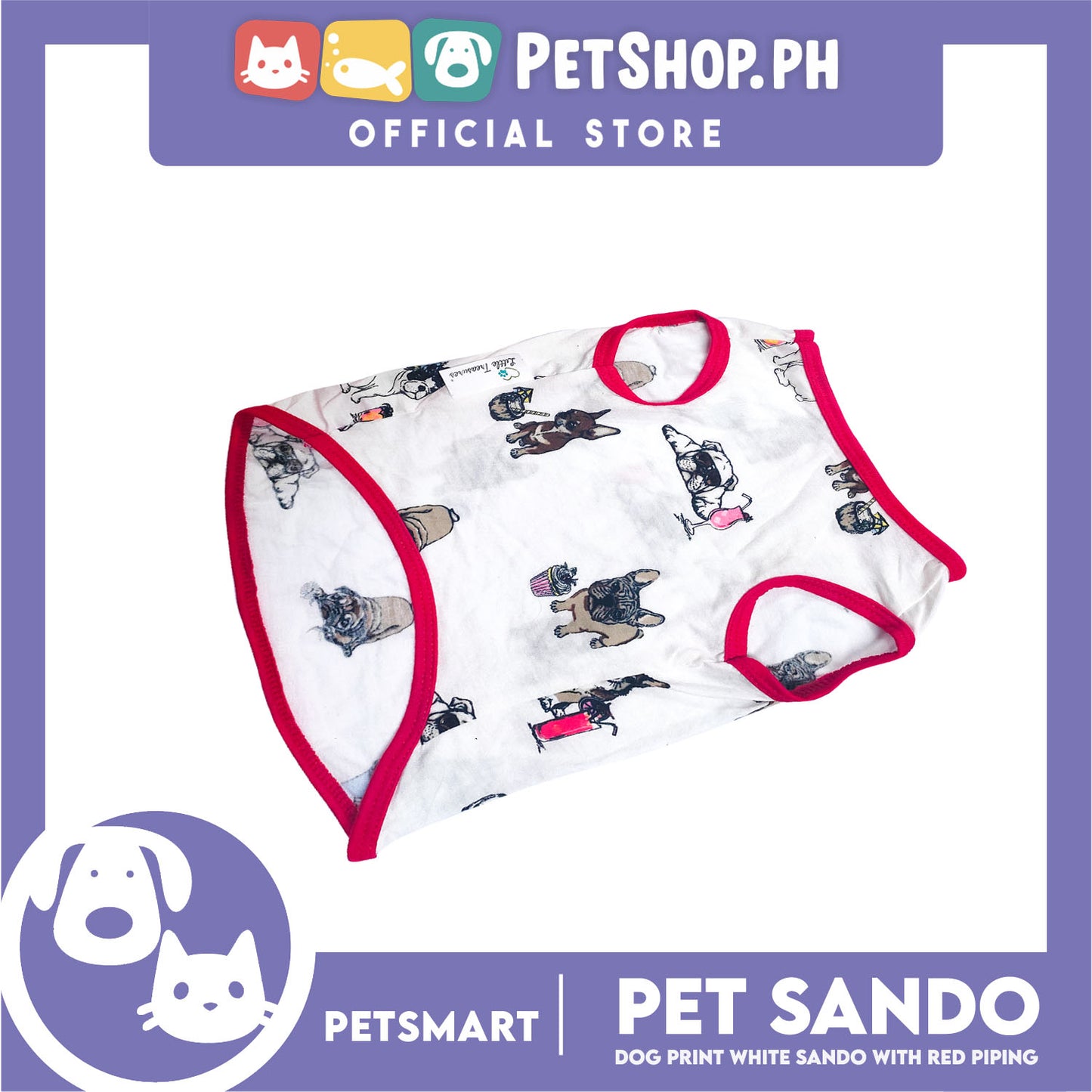 Dog Sando With Dog Print Design, White Red Color DG-CTN112S (Small) Perfect Fit For Dogs, Breathable Sando Clothes, Soft Lightweight Pet Clothing
