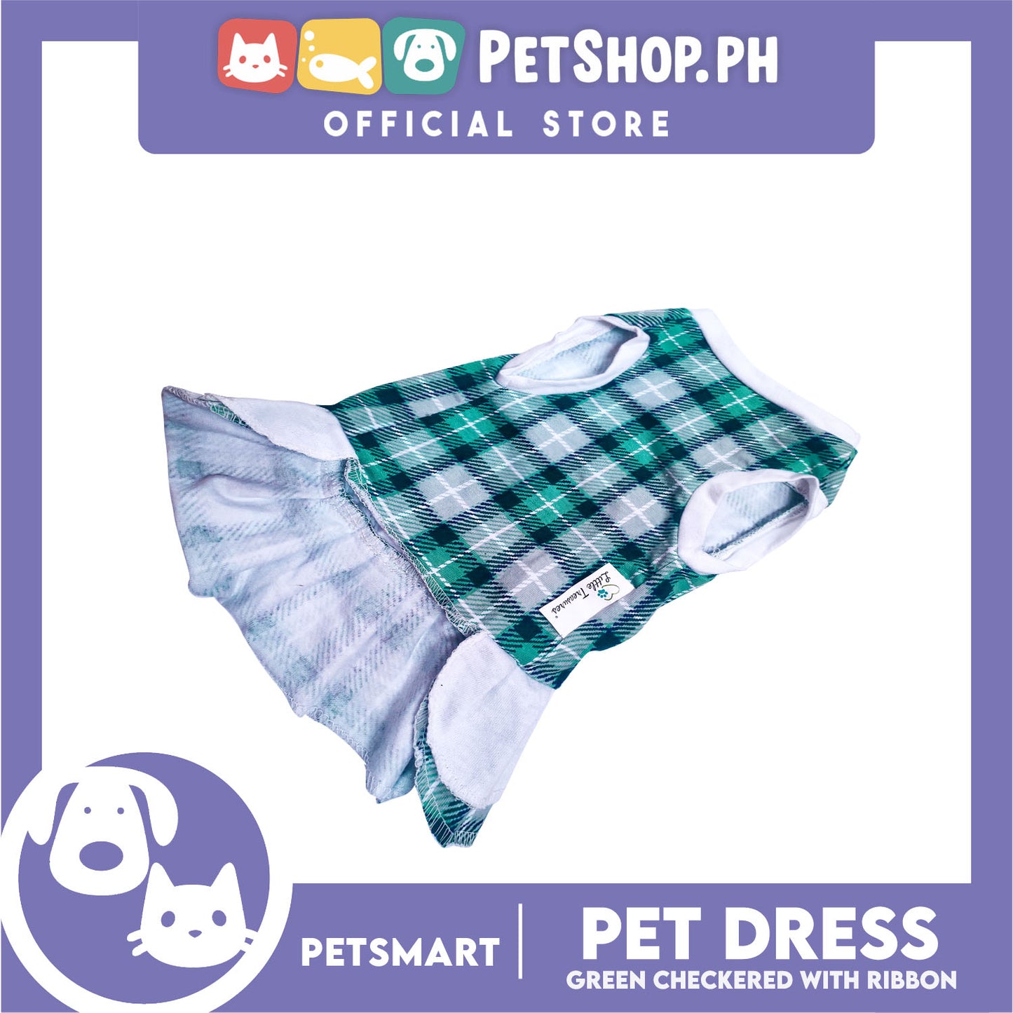 Pet Dress Checkered Green With Ribbon Dress DG-CTN114S (Small) Perfect Fit For Dogs And Cats, Breathable Dress Clothes, Soft Lightweight Pet Clothing