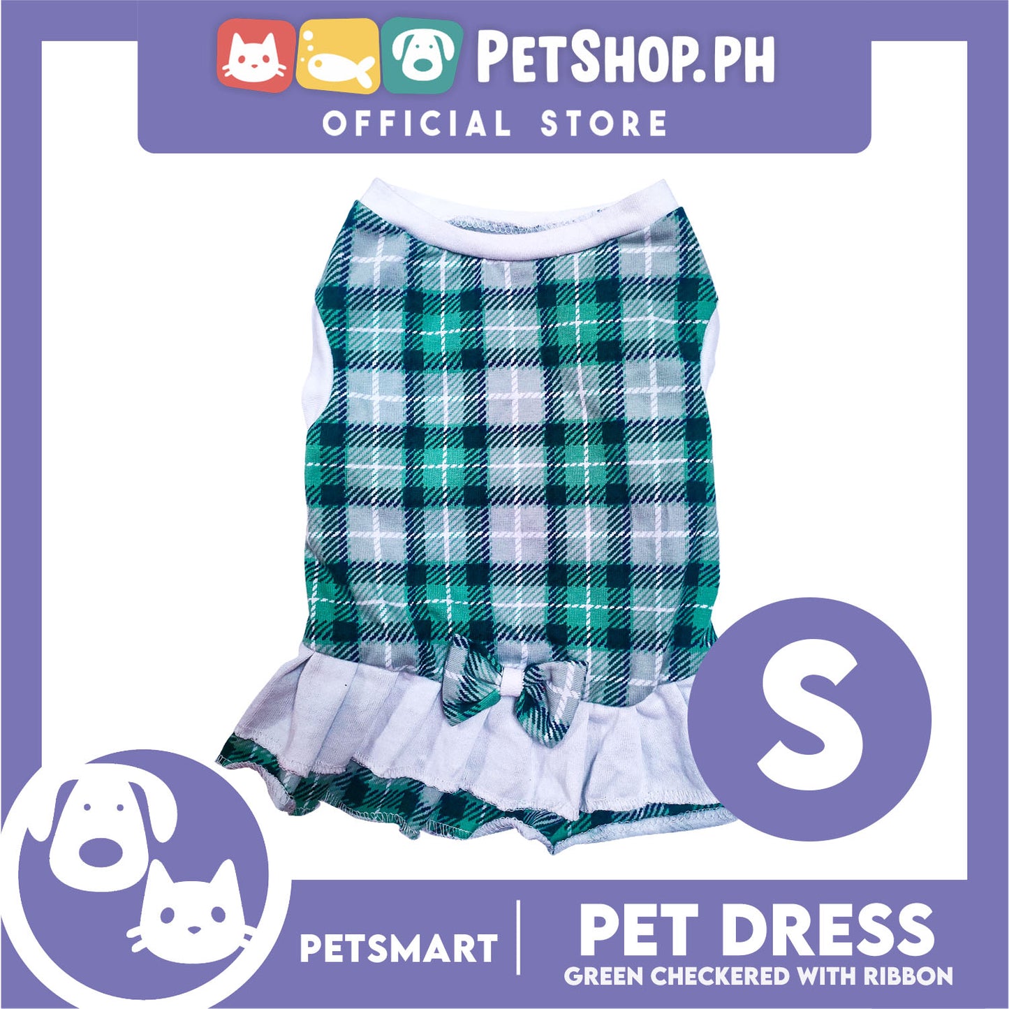 Pet Dress Checkered Green With Ribbon Dress DG-CTN114S (Small) Perfect Fit For Dogs And Cats, Breathable Dress Clothes, Soft Lightweight Pet Clothing